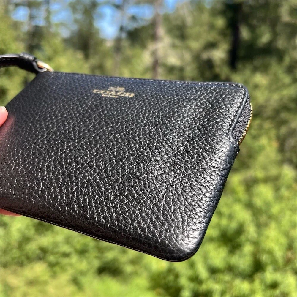 COACH Black Pebble Leather Wristlet Wallet Clutch with Gold  Hardware NWT